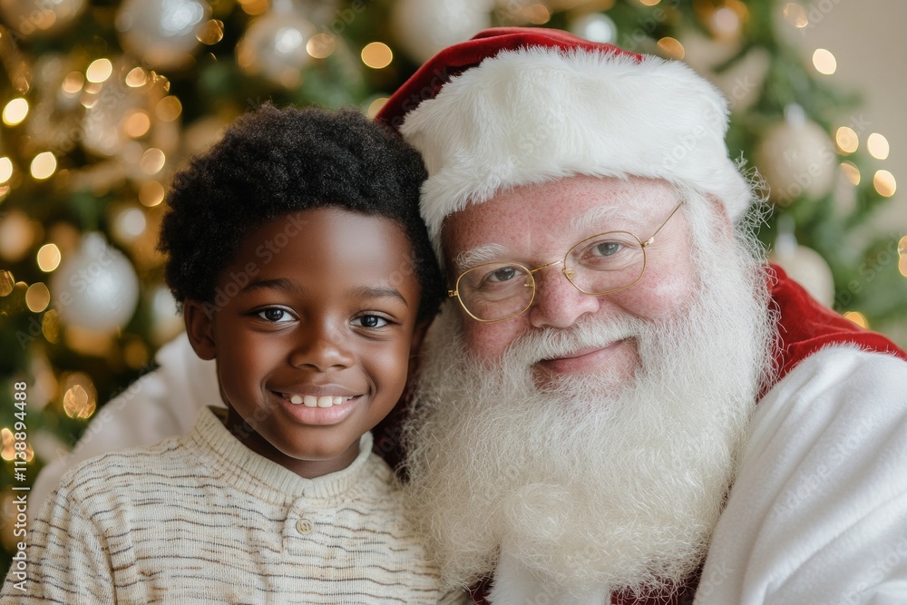 Obraz premium Santa’s knee with lovely toddler girl. Santa claus with cute black toddler girl with sad emotion. Christmas kid happy santa. Christmas santa child smile. Santa claus baby lap. Baby with sa.