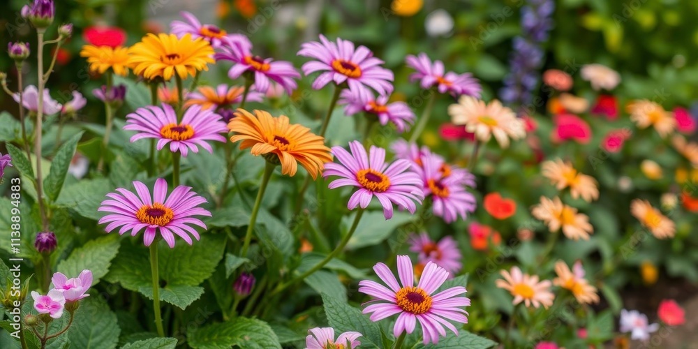 Close-up shot of vibrant purple flower petals and leaves in a lush green garden, outdoor, beauty, colorful Close-up shot of vibrant purple flower petals and leaves in a lush green garden, outdoor, beauty, colorful