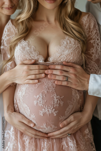 A modern polygamous family with two wives and one husband. A young pregnant woman poses with her two partners photo