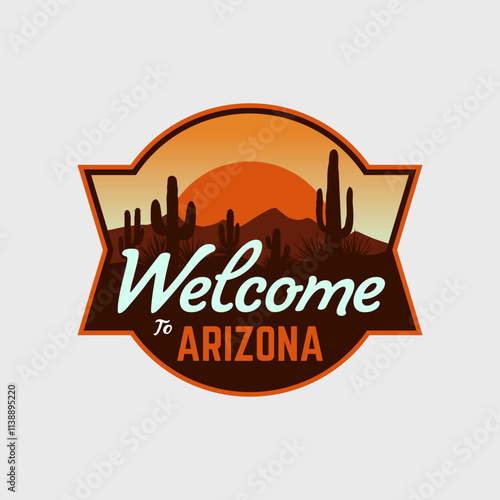 Arizona Desert cactus sunset Badge patch Sticker logo vector illustration