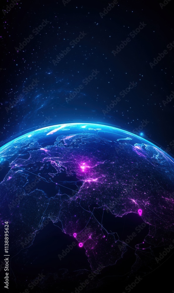 Digital Earth Globe With Bright Points Of Light And Starry Background In Cosmic Space Atmosphere Digital Earth Globe With Bright Points Of Light And Starry Background In Cosmic Space Atmosphere