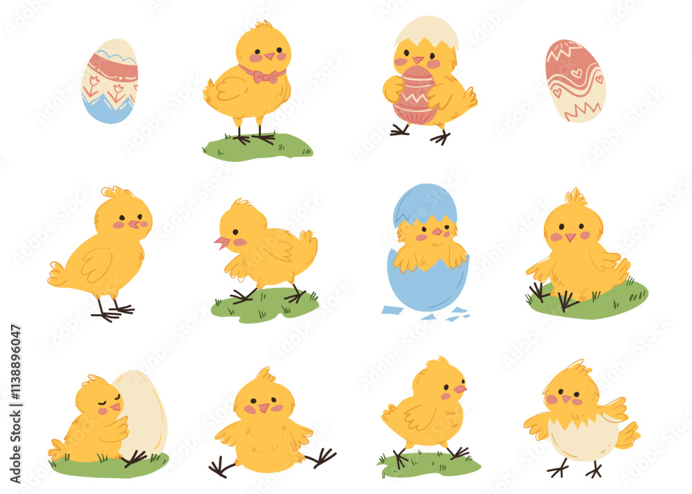 Fototapeta premium A set of cute illustrations of chickens for Easter. Yellow cheerful chickens isolated on a white background. Hand-drawn style illustration