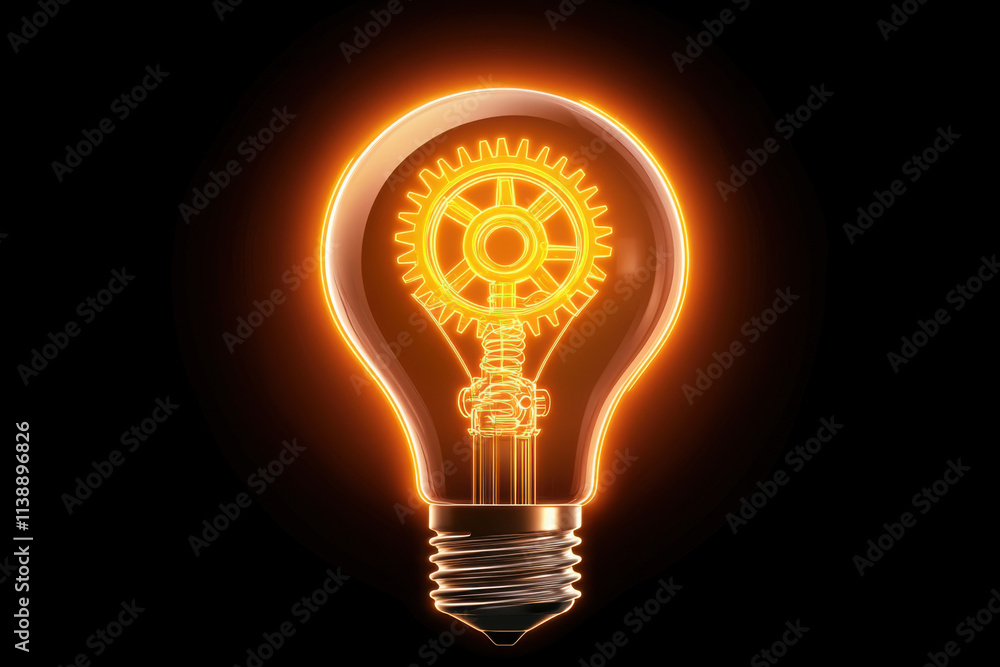conceptual light bulb design featuring exposed gears, glowing with warm orange hue, symbolizes innovation and creativity conceptual light bulb design featuring exposed gears, glowing with warm orange hue, symbolizes innovation and creativity