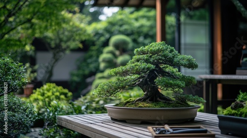 Wallpaper Mural A tranquil bonsai nursery showcasing a collection of miniature trees, Bonsai tools amidst curated greenery, Botanical exhibition style Torontodigital.ca