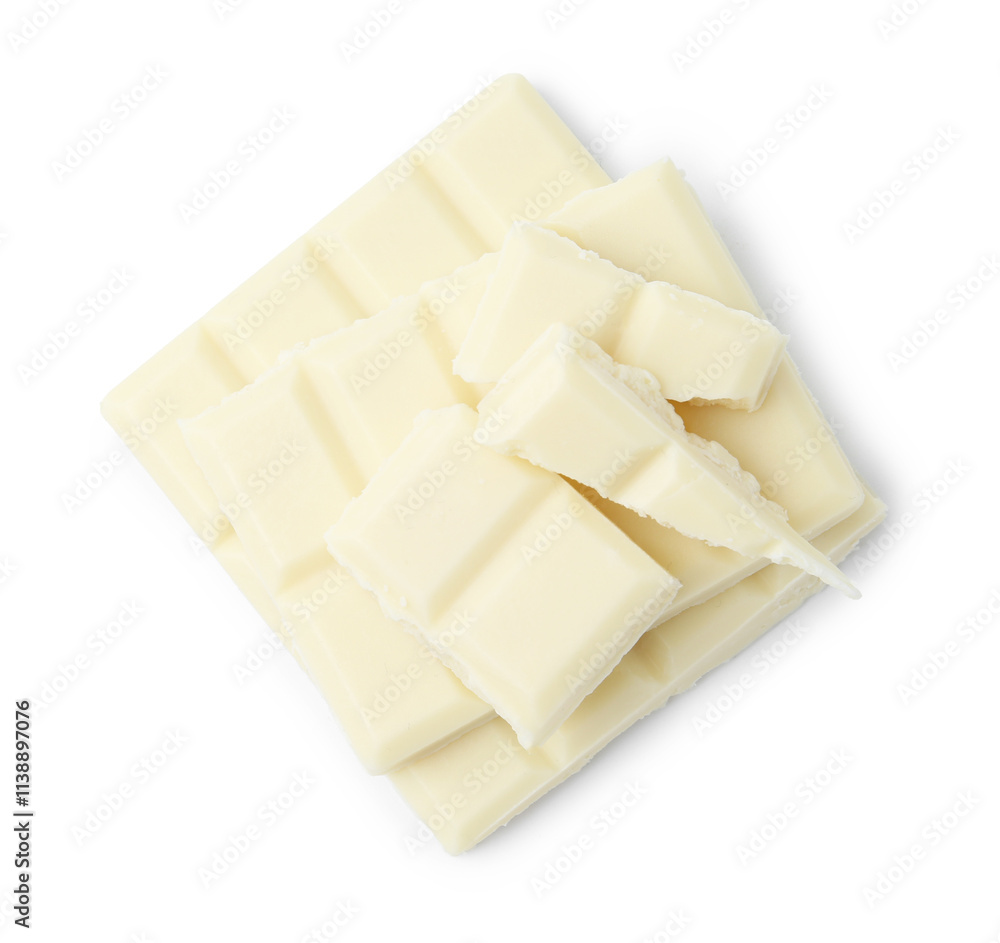 Pieces of delicious white chocolate isolated on white, top view Pieces of delicious white chocolate isolated on white, top view