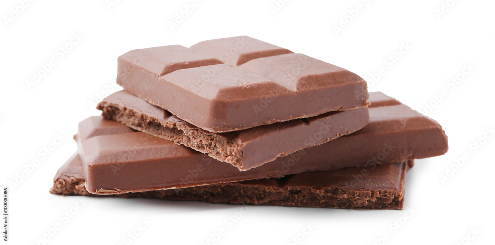 Pieces of delicious milk chocolate isolated on white Pieces of delicious milk chocolate isolated on white