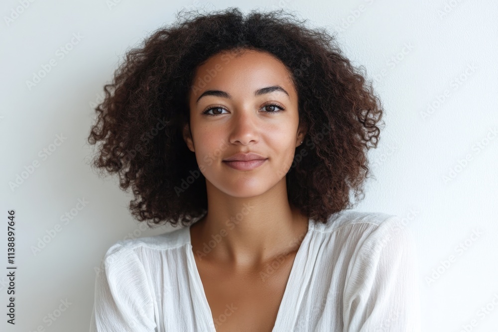 Natural Portrait of a Young Woman with Curly Hair Against a Minimalist Background Natural Portrait of a Young Woman with Curly Hair Against a Minimalist Background