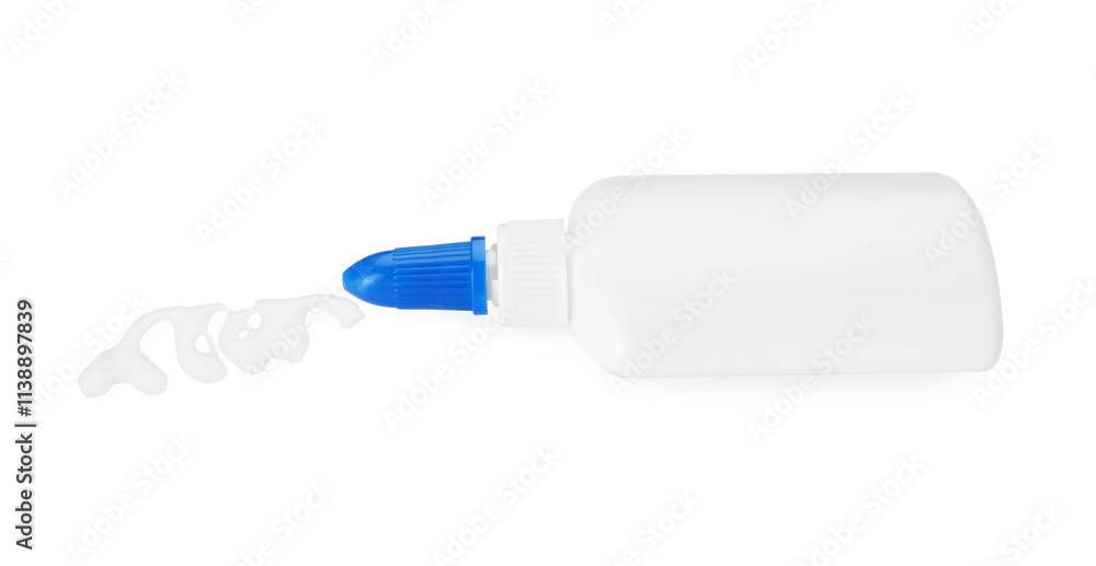 Bottle and stain of glue isolated on white Bottle and stain of glue isolated on white