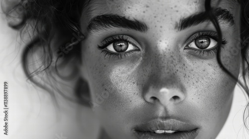 Black-and-white headshot of a model with striking eyes and a contemplative expression, captured on a white background for timeless elegance . photo