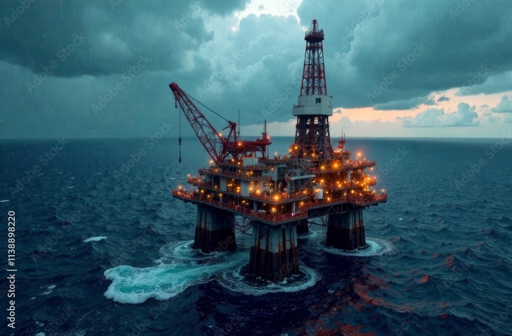 Obraz premium An offshore oil rig stands illuminated against a backdrop of dark, swirling clouds at dusk. The structure features cranes and lights, surrounded by turbulent ocean waves, creating a stark contrast.