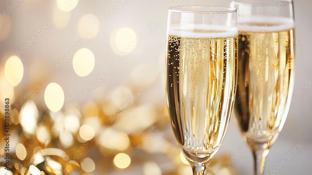 Two champagne flutes filled with sparkling wine against a bokeh background. Two champagne flutes filled with sparkling wine against a bokeh background.