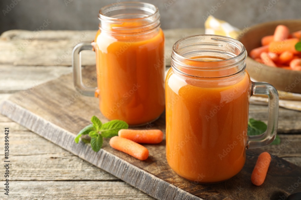 Fresh carrot juice in mason jars, vegetables and mint on wooden table, closeup Fresh carrot juice in mason jars, vegetables and mint on wooden table, closeup