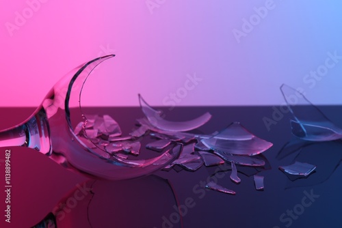 Принти на полотні Pieces of broken wine glass on table, closeup. Color tone effect