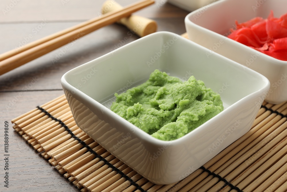 Hot wasabi paste, ginger and chopsticks on wooden table, closeup Hot wasabi paste, ginger and chopsticks on wooden table, closeup