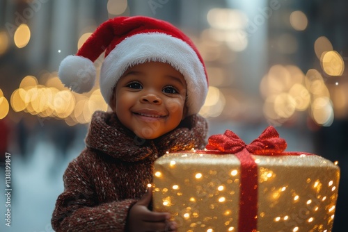 Baby boy happy in a red xmas hat, with present box. Joyful yule. Child gift fun. Christmas santa box. Holiday santa gift. Santa box fun. Merry santa child. Santa child play. Holiday santa. photo