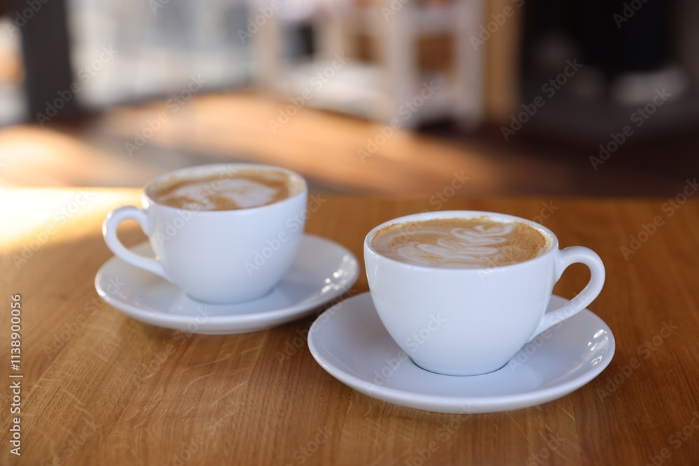 Cups of aromatic coffee on wooden table in cafe, closeup Cups of aromatic coffee on wooden table in cafe, closeup