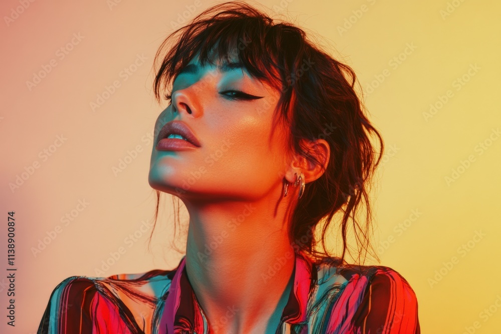 Fototapeta premium Stylish Portrait of a Woman with Colorful Lighting and Modern Fashion