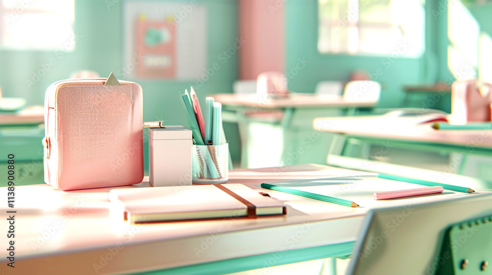 A neatly arranged school desk displays pastel colored supplies like a pink notebook and light blue pens in a softly lit classroom environment A neatly arranged school desk displays pastel colored supplies like a pink notebook and light blue pens in a softly lit classroom environment