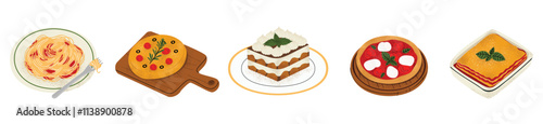 Set of Italian cuisine illustrations. Spaghetti pasta, focaccia bread, tiramisu dessert, Margherita pizza, and lasagna. Traditional Italian food, flat vector design isolated on white background