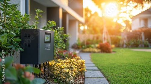 Smart irrigation system controller in a garden at sunset.