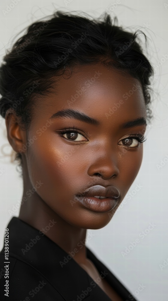 Close-up portrait of a model with natural makeup and soft lighting, posed against a white background to emphasize elegance and simplicity . Close-up portrait of a model with natural makeup and soft lighting, posed against a white background to emphasize elegance and simplicity .