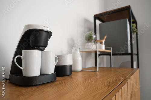 Wallpaper Mural Coffee machine with cups on commode in office, closeup Torontodigital.ca