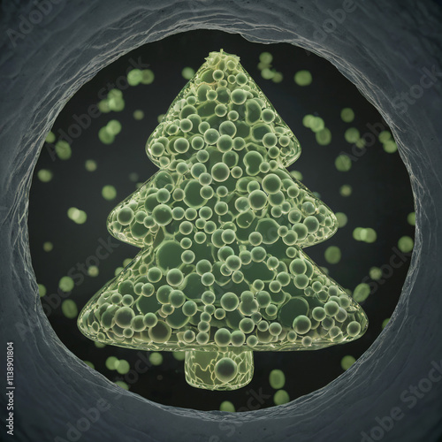 Célula vista en microscopio en forma de árbol navideño. Genética navideña representada de manera grafica. photo