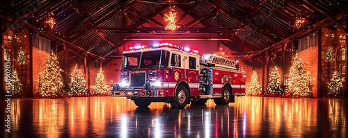 Firefighters gathered in a firehouse for Christmas celebration, holiday decorations, festive lights on the firetrucks, unity and joy