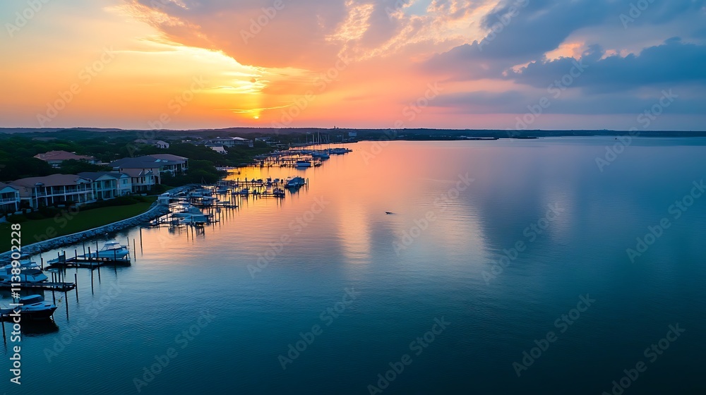 Naklejka premium Sunset over a marina. Scenic waterfront view. Tranquil lake.