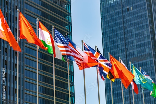 Flags on flagpoles for news topics photo