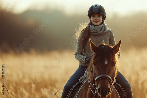 Young rider on horse in sunny field, serene mood, golden hour light photo