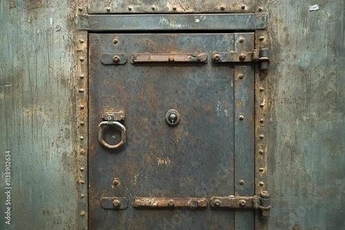 Rusty metal door, aged, riveted, lock, handle.