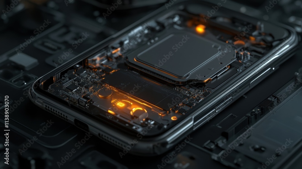 A closeup of a sleek smartphones internal components particularly focusing on the 5G chip and thermal management system glowing softly amidst the structure. A closeup of a sleek smartphones internal components particularly focusing on the 5G chip and thermal management system glowing softly amidst the structure.