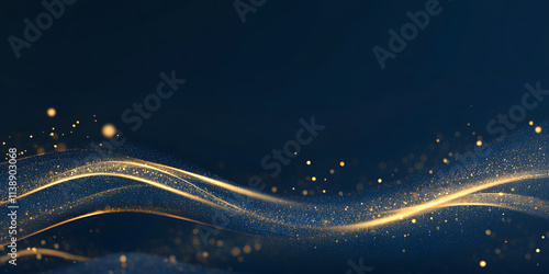 Abstract background with golden waves and shiny particles on a dark blue background. bokeh holiday banner. luxurious background