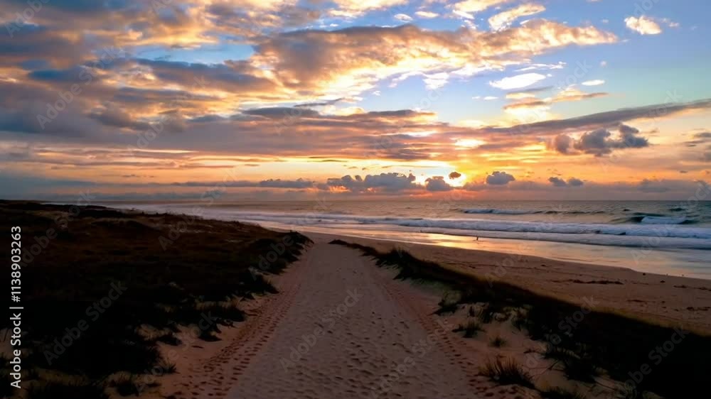 A golden sunset casting light on a coastal path, marking a peaceful summer solstice evening A golden sunset casting light on a coastal path, marking a peaceful summer solstice evening
