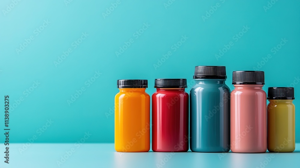 Colorful bottles lined up against blue backdrop, ample copy space Colorful bottles lined up against blue backdrop, ample copy space