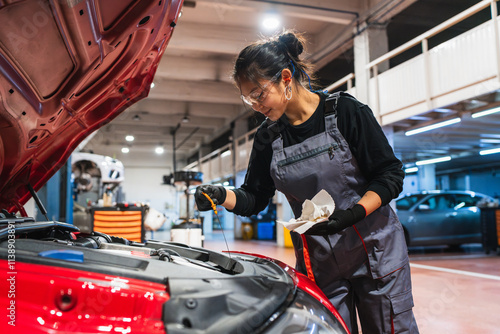 Female chinese mechanic checking oil level of red car in garage photo