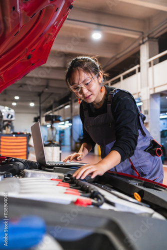 Female chinese mechanic using laptop while inspecting car engine in auto repair shop