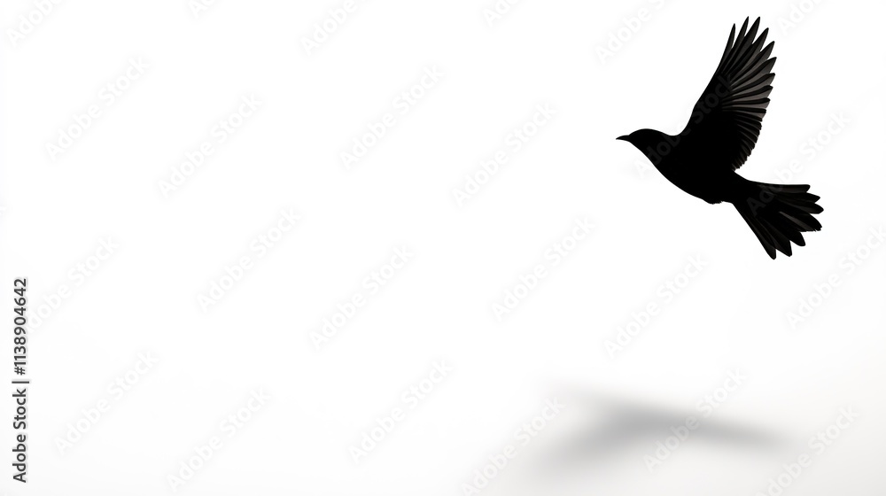 Fototapeta premium Silhouetted bird in flight against white background with shadow