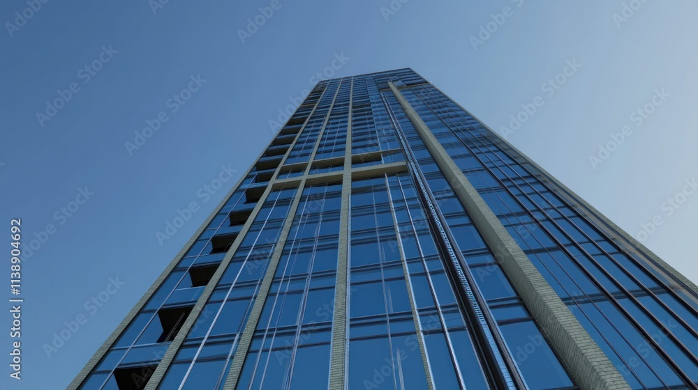 Low angle view of a modern glass skyscraper against a clear blue sky. Low angle view of a modern glass skyscraper against a clear blue sky.