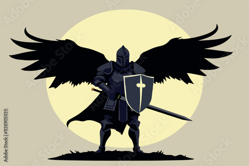 Shadowed Knight with Wings and Sword Silhouette