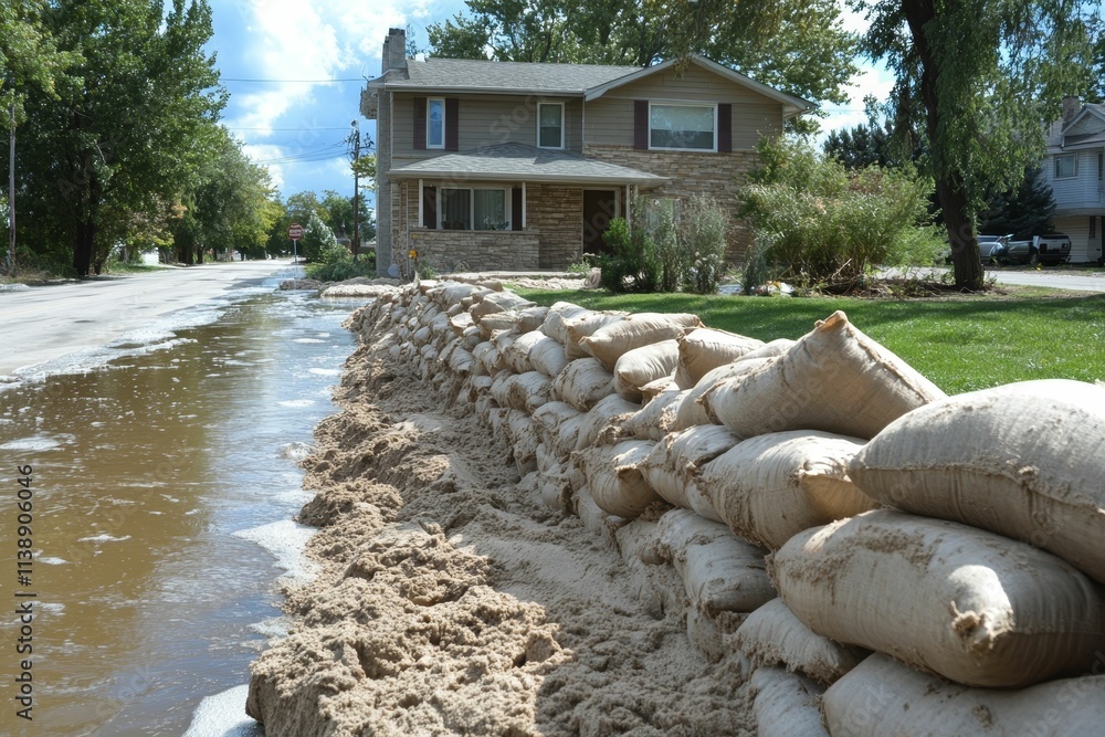 Fototapeta premium Floodwaters near house; sandbags form barrier.