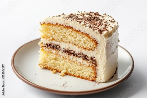 Slice of layered cake with cream frosting on plate