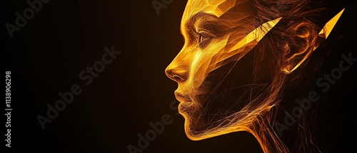 Abstract profile of a woman with geometric patterns and warm colors.