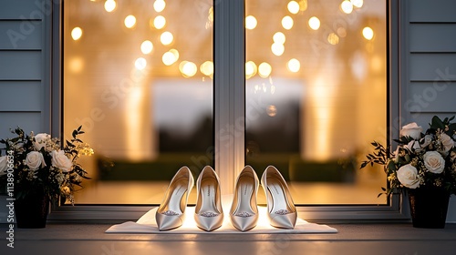 Elegant storefront, bridal heels with rings on silk, golden light accents, floral arrangement nearby, a charming and sophisticated display setup photo