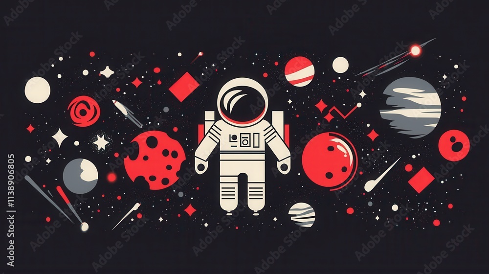 Obraz premium Abstract Flat Design Illustration of an Astronaut Exploring Space and Planets