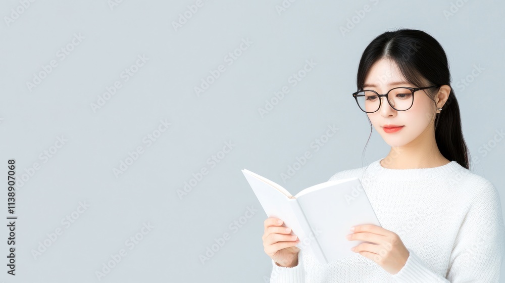 A woman in glasses reading a book against a plain background. A woman in glasses reading a book against a plain background.