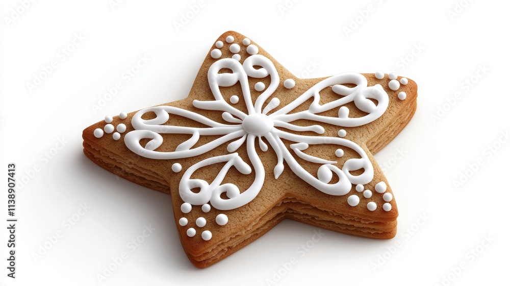 Star-shaped Christmas sugar cookie with delicate white icing swirls, angled close-up, crisp details, lightly dusted look, isolated on white background Star-shaped Christmas sugar cookie with delicate white icing swirls, angled close-up, crisp details, lightly dusted look, isolated on white background