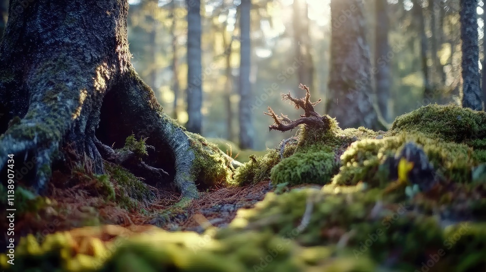 Obraz premium Tranquil Forest Scene with Sunlight Filtering Through Trees