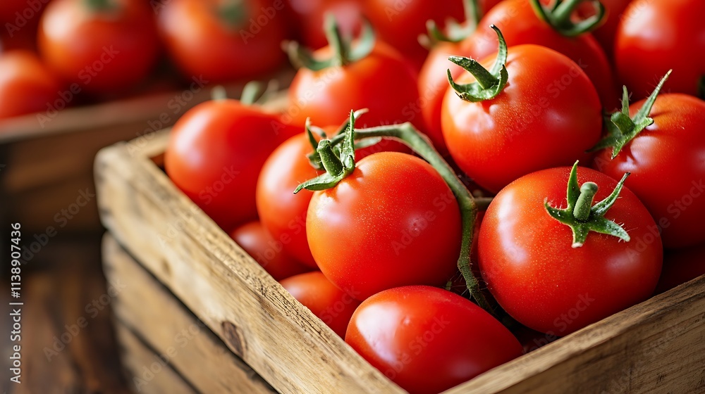 Fresh Tomatoes in Wooden Crate. Concept of Harvest, Produce, and Healthy Eating. Fresh Tomatoes in Wooden Crate. Concept of Harvest, Produce, and Healthy Eating.